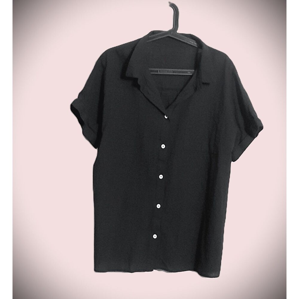 2XL Black Cotton Linen Blouse Short Roll Sleeve Button Down Minimalist Goth, EUC
